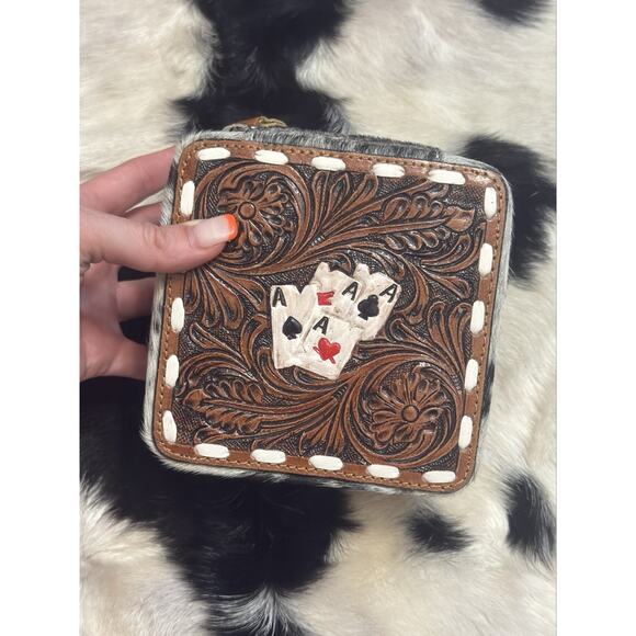 Southwest Leather Black White Cow Hide Jewelry Box Travel Case Gambling Cards